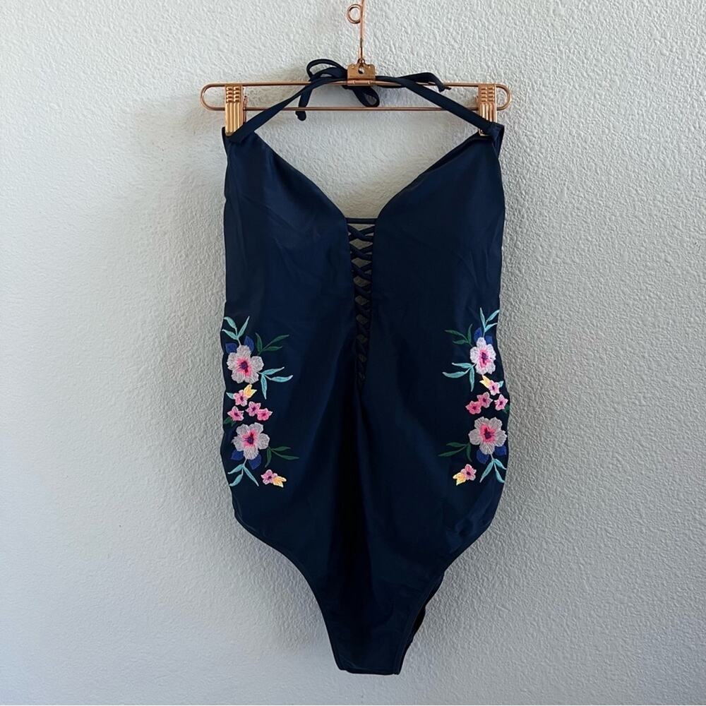 Hollister Navy Pink Floral Embroidered One Piece Swimsuit Swim Medium